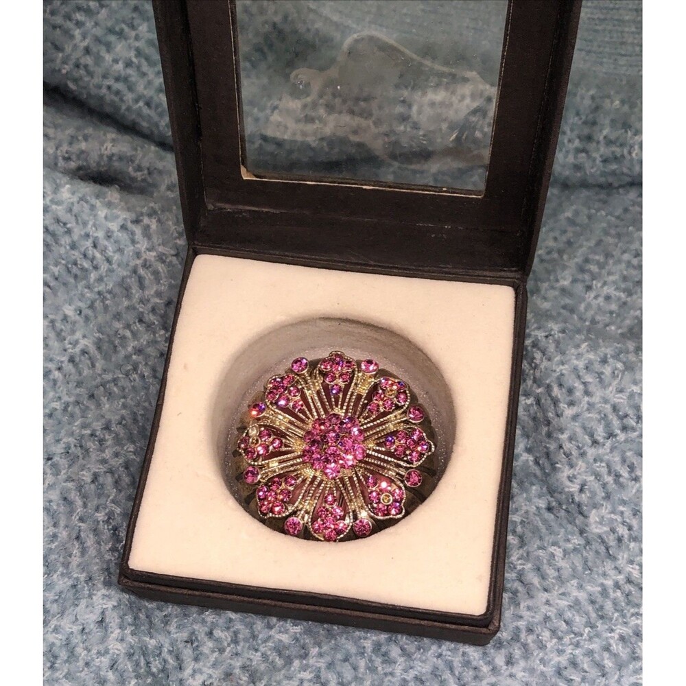 Pink Rhinestone Brooch Removable Lid Ribbed Trinket Box Mid-century Modern